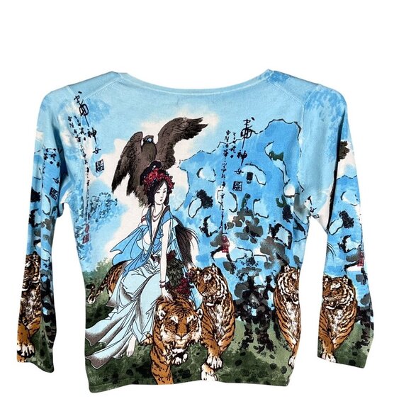 Mark Richards Collection Womens L Silk Blend Asian Tiger Allover Print Top Artsy - Picture 7 of 13